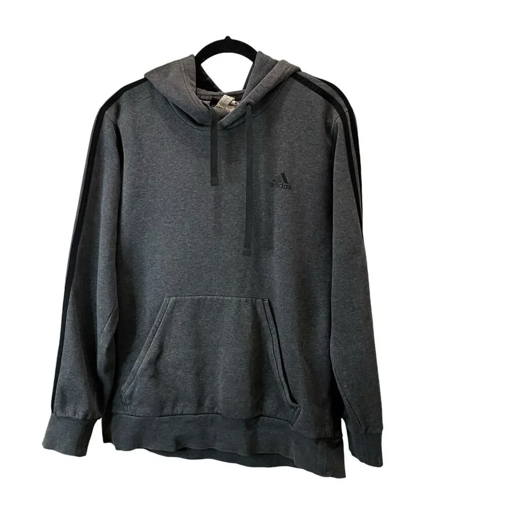 Adidas Gray Black Triple Stripe Pullover Hoodie Sweatshirt Mens Size L